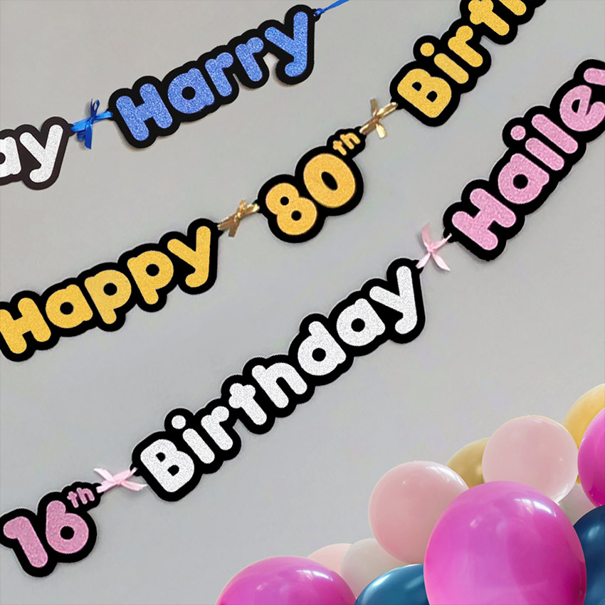 Personalised Birthday Banners, Happy Birthday Garland, Glitter Banner with Name and Age