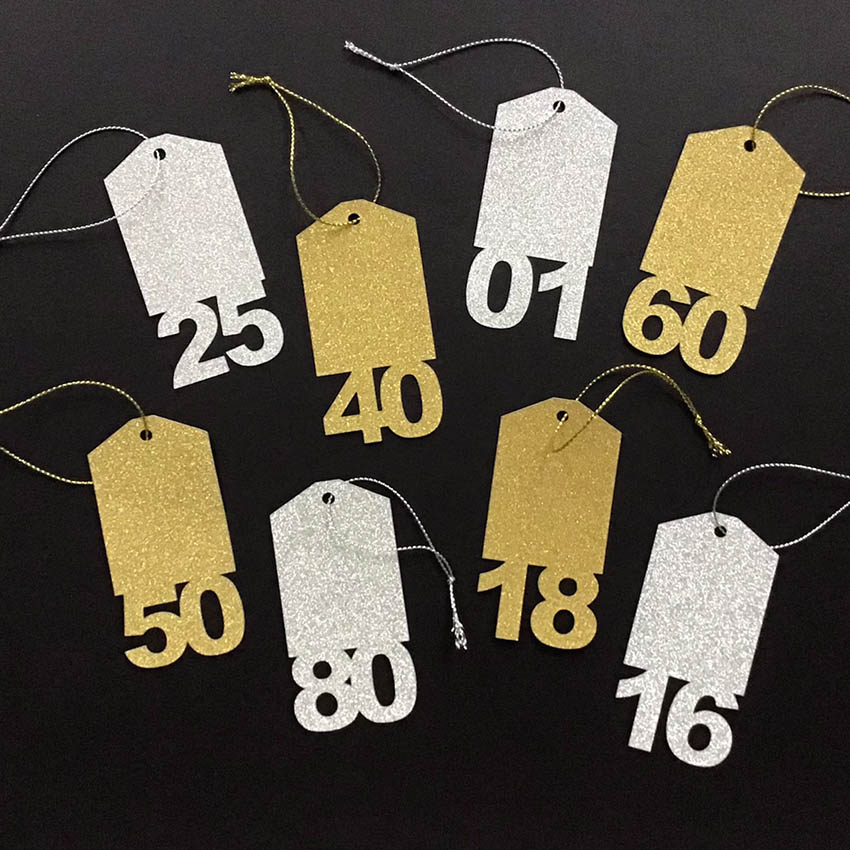Glitter Gift Tags, Birthday Age Gift Tags, Anniversary Tags, Labels for Presents, Gold and Silver Wedding, Pack of 6 Luxury Tags